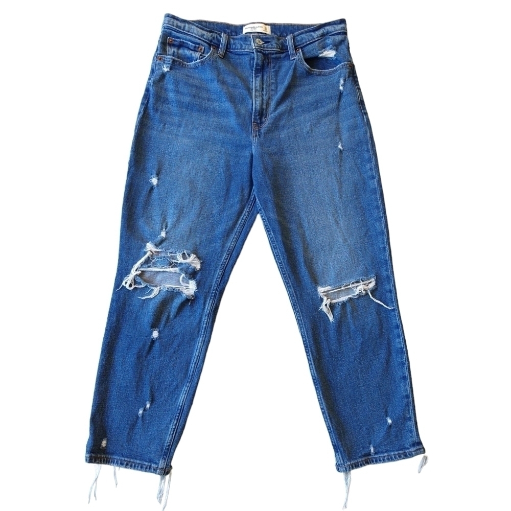 Abercrombie & Fitch The Mom High Rise Distressed Medium Wash Jeans short size
